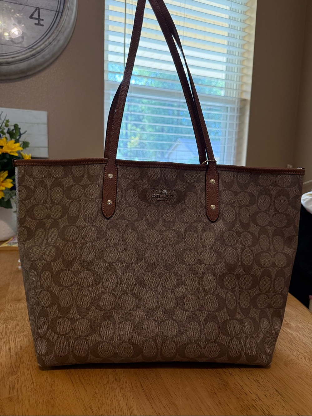 Coach Brown Signature Logo Canvas Tote with Dark Brown Leather Trim